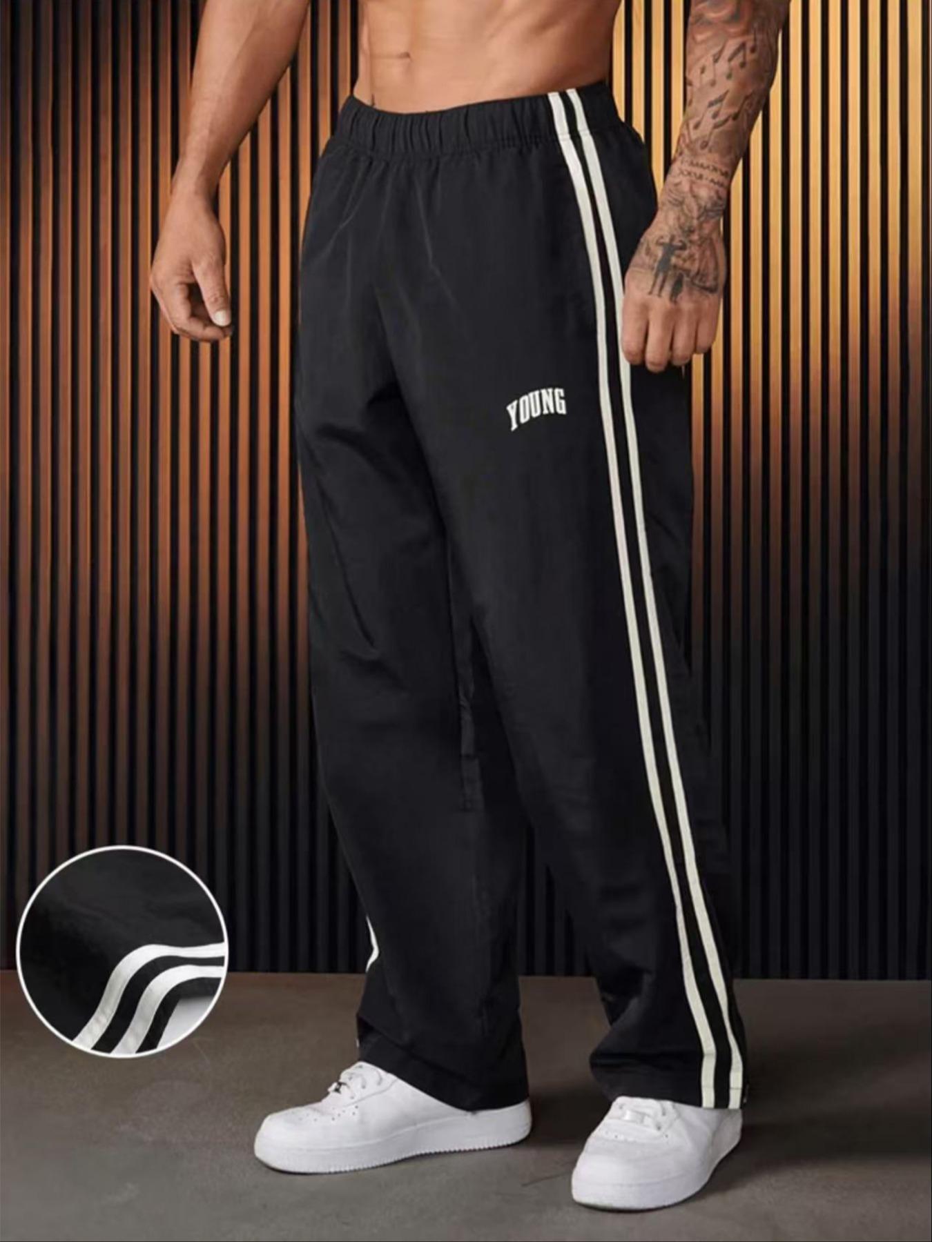 YYK brand Men's Letter & Striped Print Pants, Regular Fit Casual Comfy Breathable Pants for Outdoor Daily Wear, Men's Trousers for All Seasons