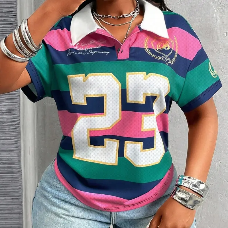 Women's Colorblock Striped & No.23 Print Polo Shirt, Loose Street Style Short Sleeve Collared Top, Casual Summer Wear, Casual Polo Shirts