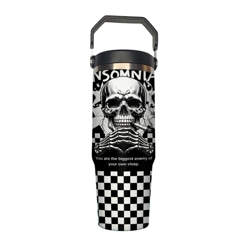 Loyr 30oz Insulated Travel Mug, Skull Design Stainless Steel Leak-Proof Straw Cup, Large Capacity Portable Cup for Commute Outdoor Use, Perfect Gift
