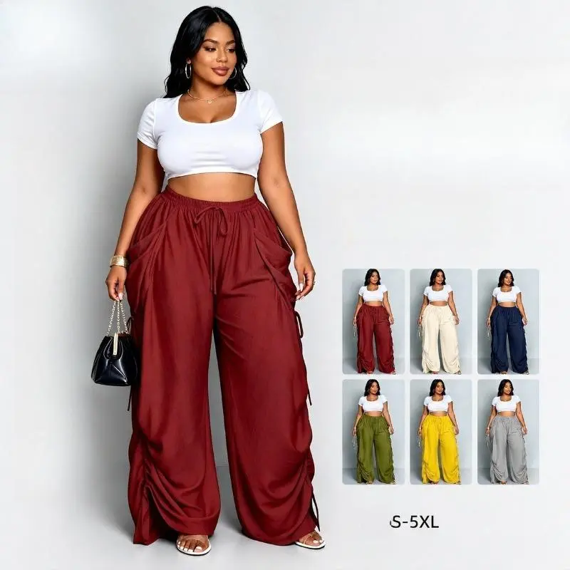 Women Plus Size Ruched Wide Leg Cargo Pants High Waist Drawstring Parachute Pants Casual Flowy Loose Trousers S-5XL Burgundy Cream Navy Olive Yellow Grey, Lightweight Cotton-Linen, Ruched Detail