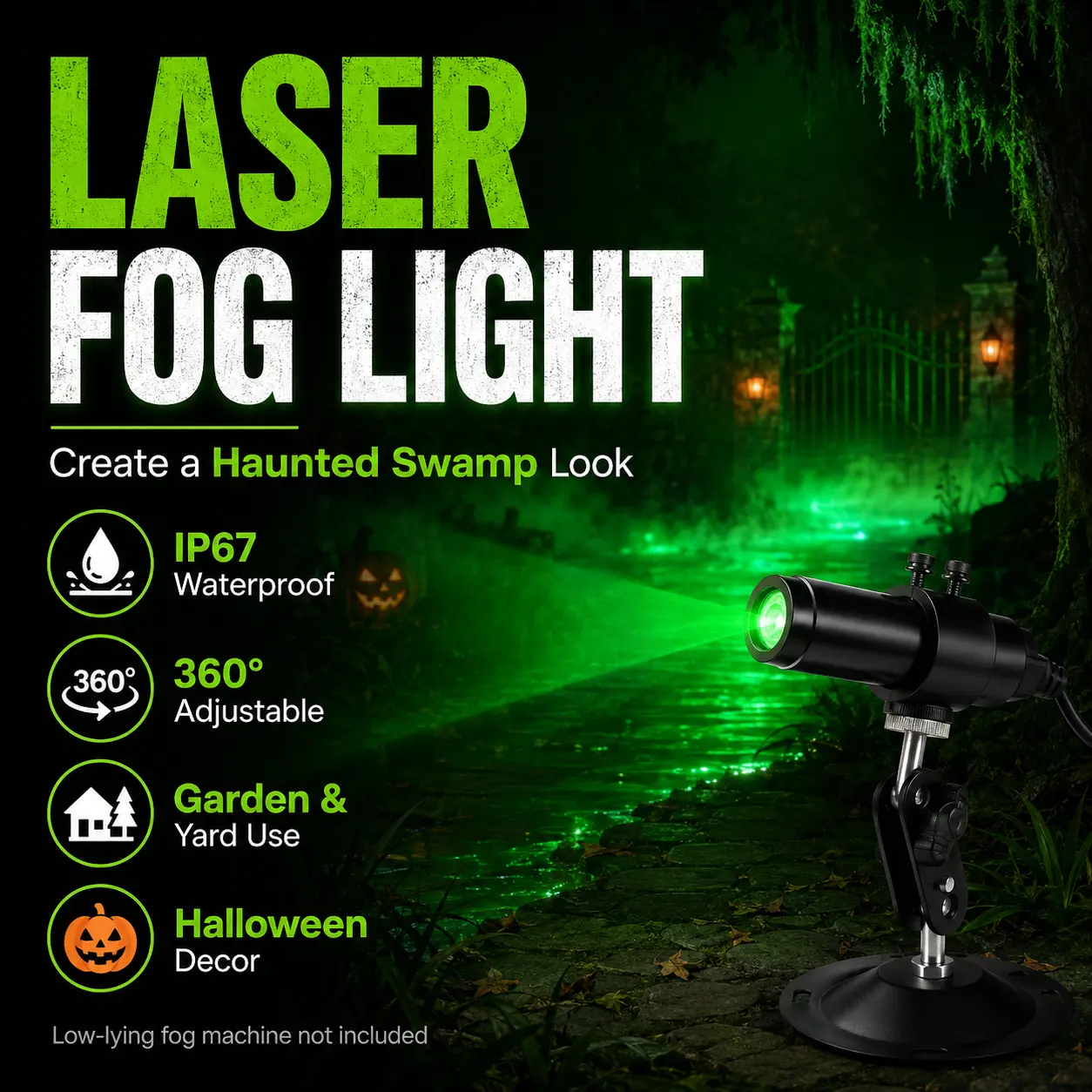 Halloween Laser Swamp Light Projector with IP67 Waterproof Design, 360° Adjustable Green Laser Effect for Haunted House, Yard, Garden and Outdoor Halloween Decorations