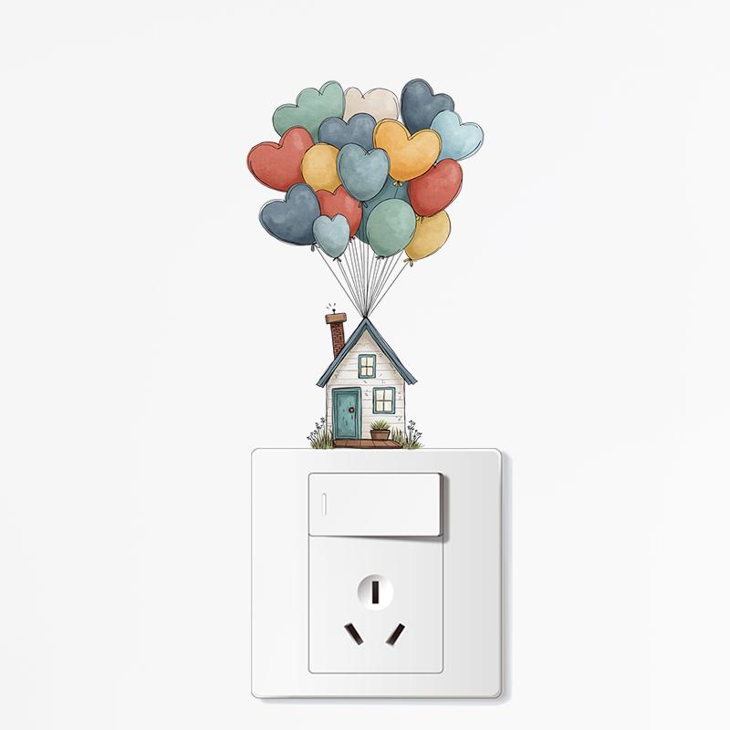 1pc Balloon House Switch Sticker, 2D Flat Sticker, Colorful Balloon and House Design, Removable Self-Adhesive, Home Decoration
