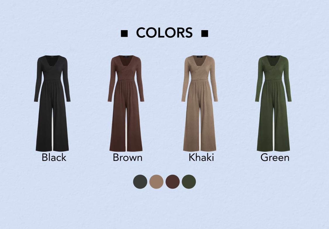 Cider [4 colors, Size 2-26]3-Way Knotted Stretchy Wide Leg Overalls,  V-neck Jumpsuit for Daily Casual, Lady Casual Fashion Comfort Outfit for Spring & Fall Date