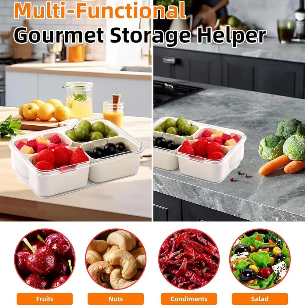 Four-Compartment Covered Snack Box, Food Storage Container, Ideal for Parties, Guests, Kitchen Use, Fruit Vegetable Snack Organizer