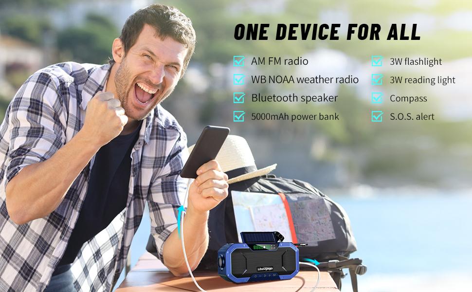 Emergency Radio Waterproof Bluetooth Speaker,Portable Digital AM FM Radio with Flashlight,Reading Lamp,Hand Crank NOAA Weather Radio with Solar Panel,5000mAH Cell Phone Charger,Emergency Survival Kit