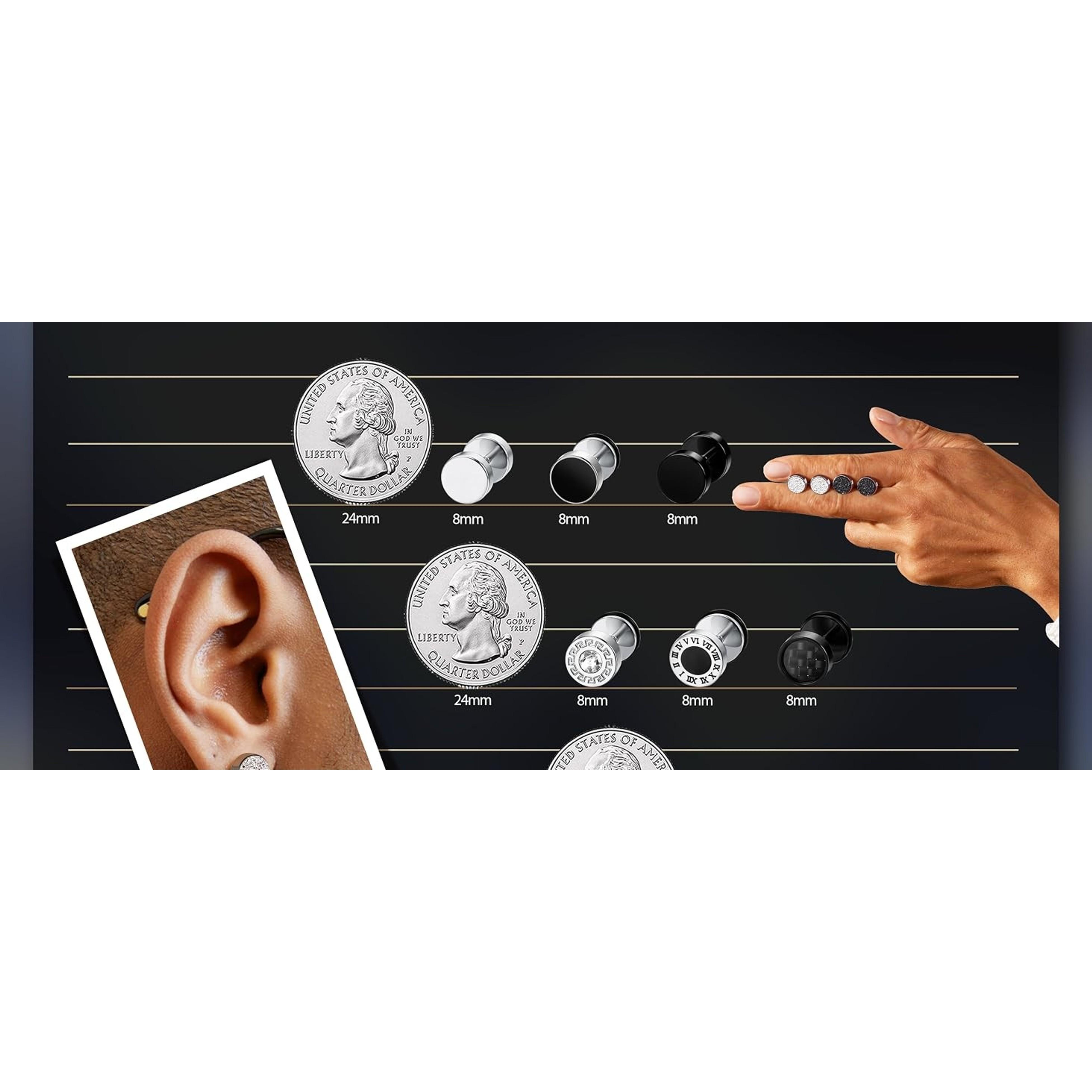 9 Pairs Fake Gauge Earrings for Men Women Dot Black Silver CZ | Surgical Stainless Steel Hypoallergenic, Round Cheater Plug Studs, Faux Gauges Screw Backs, Ear Tunnel for Pierced EarsGift