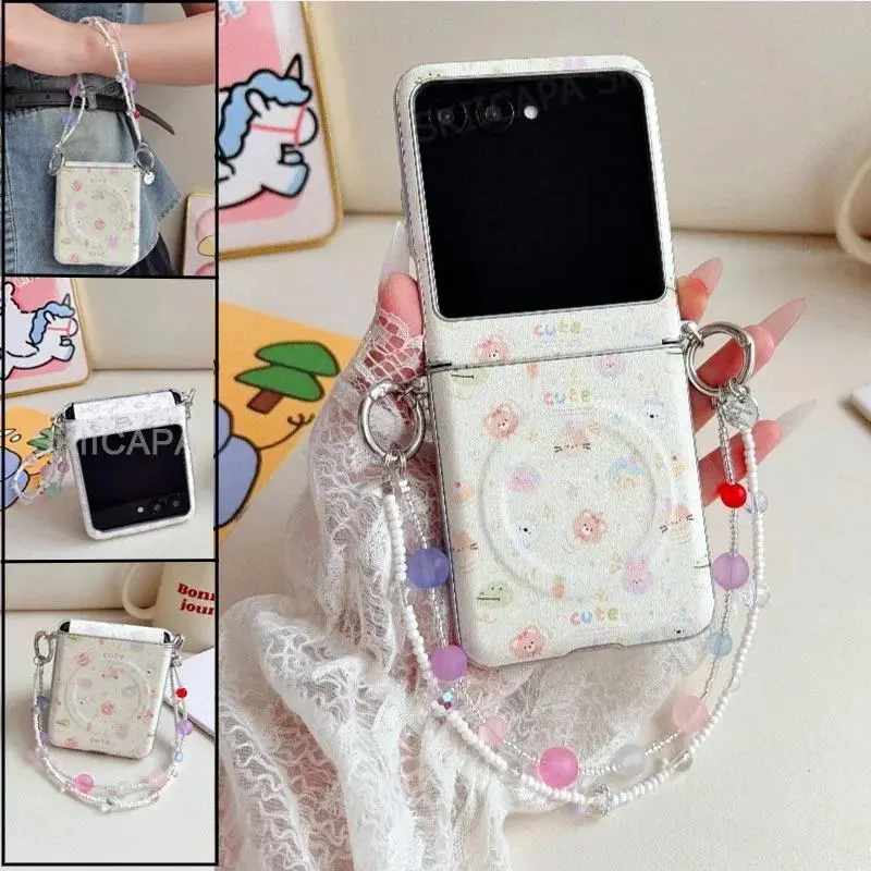 Floral Beaded Lanyard Flip Phone Case For Motorola Razr 70 60 50 Ultra 2026 Plus 2025 Magnetic PU Leather Shockproof Cover