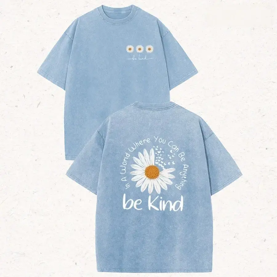 Women's Vintage Be Kind Daisy Graphic T-Shirt - 100% Cotton Acid Wash Oversized Short-Sleeve Top with Front & Back Print, Plus Size, Soft, Casual, Streetwear Clothing, Outdoor, Valentine's Day,  (M, L Sizes)