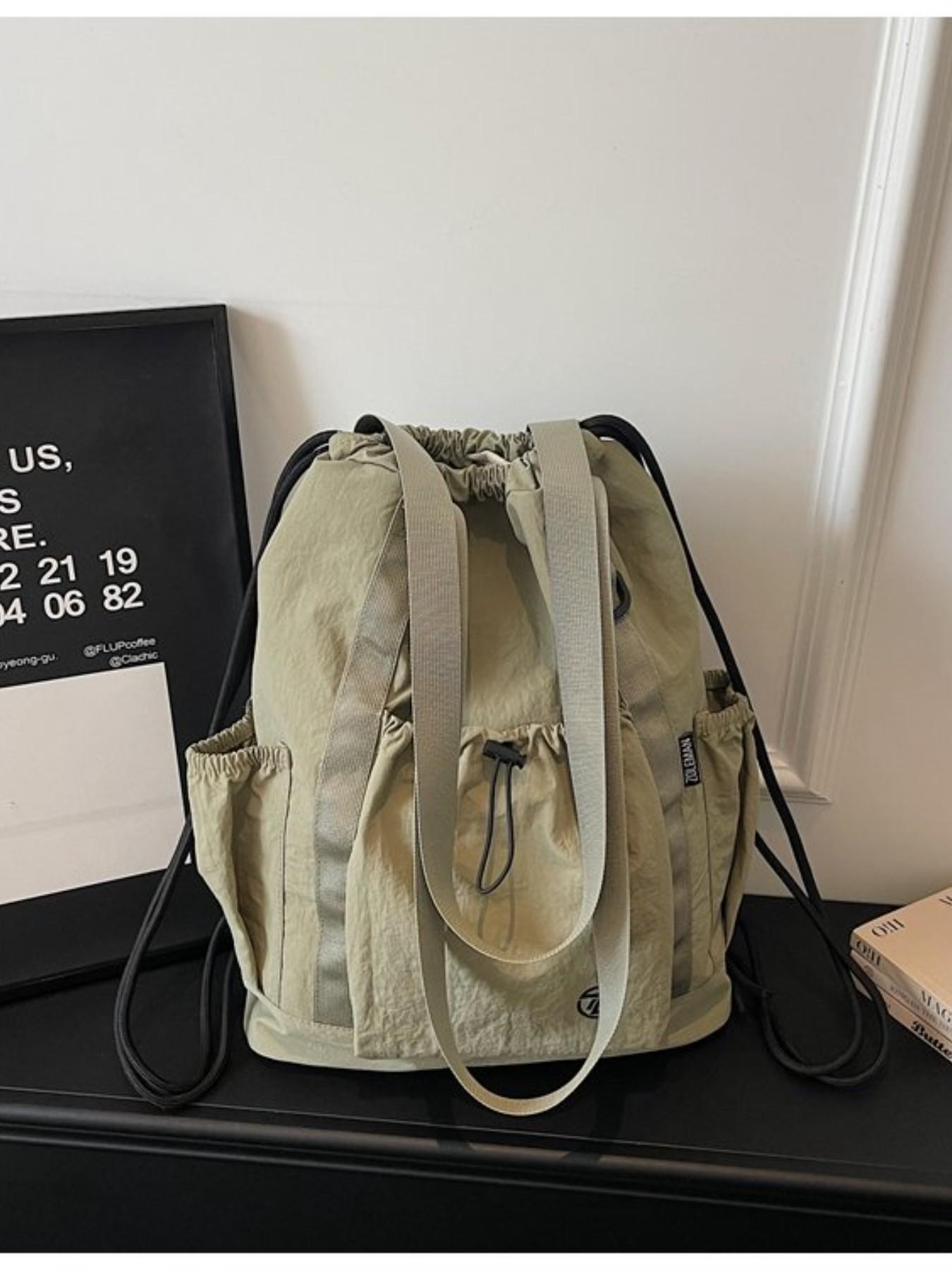 Large Capacity Drawstring Tote Backpack, Lightweight Nylon Shoulder Bag with Secure Pockets, Foldable Unisex Casual Daily Bag, Travel Fitness Shopping Bag