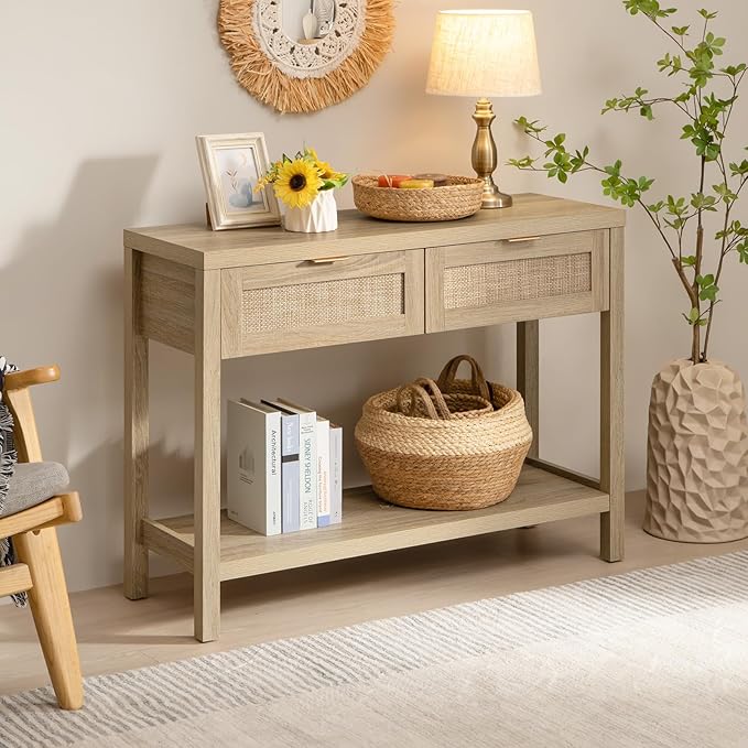 SICOTAS Console Table with Rattan Drawers - Unique Boho Rattan Entryway Table Side Table with Storage, Small Console Tables for Entryway, Entry Table for Hallway, Sofa Table Coffee Table, Spacious Storage, Stable and Sturdy
