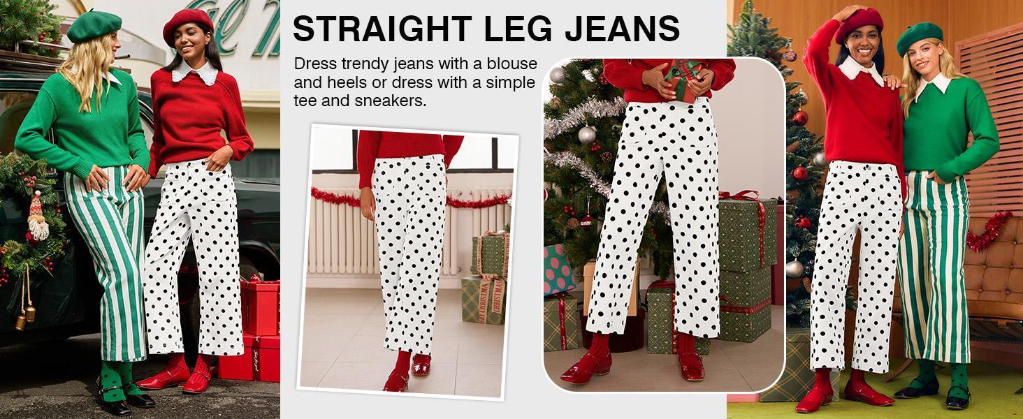 Cicy Bell Womens Cropped Striped Jeans Casual High Waisted Stretchy Polka Dots Straight Leg Denim Pants with Pockets Cicy Bell Womens Cropped Striped Jeans Casual High Waisted Stretchy Polka Dots Straight Leg Denim Pants with Pockets