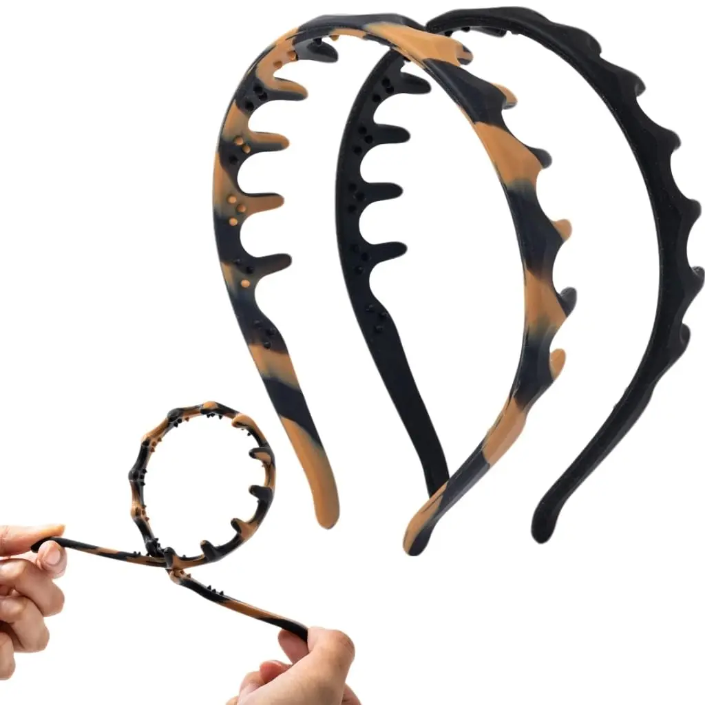 Outdoor sports Silicone Headbands for Women Non Slip, No Pain Head Bands for Women's Hair |   No Headache Comfortable Comb Headband with Teeth, Adjustable Tightness for Different Head Shapes , (Tortoise & Black), 2pcs