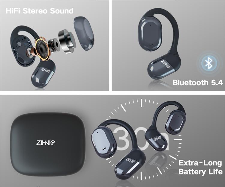 ZIHNIC S05 Open-Ear Headphone Bluetooth V5.4 IPX5 Waterproof Wireless Earphones for Gaming, Travel, and Sports with Built-in Mic - Black cool  head  phones