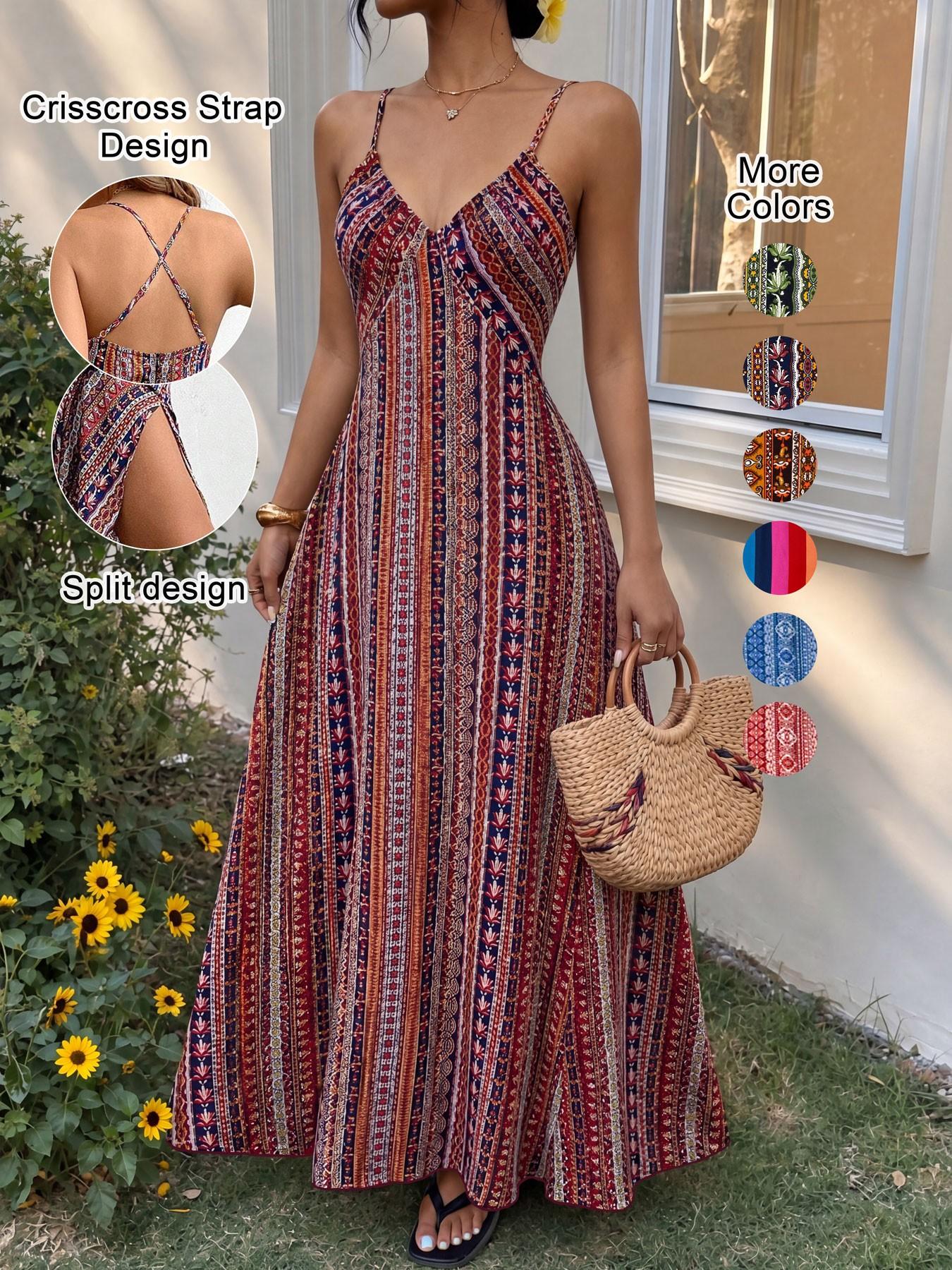 Women's Printed Split Long Sleeveless Dress, Classic Stripe Design, Backless Criss Cross Strap, Spring Summer Fall Wear, Casual Boho Elegant Bohemian Style Womenswear, Boho Summer Dresses
