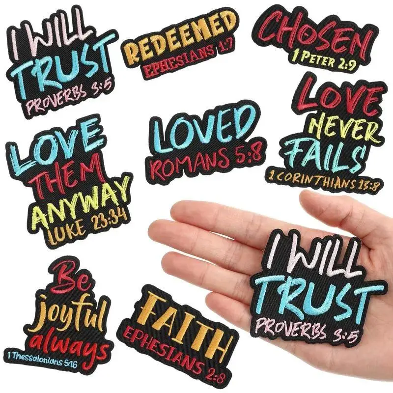 8Pcs 3 Inch Religious Embroidery Patches, Christian Bible Verse Cotton Iron-On Sew-On Appliques, Geometric Embroidered Badges For Jackets Bags Clothing Decoration DIY Handmade Craft Projects