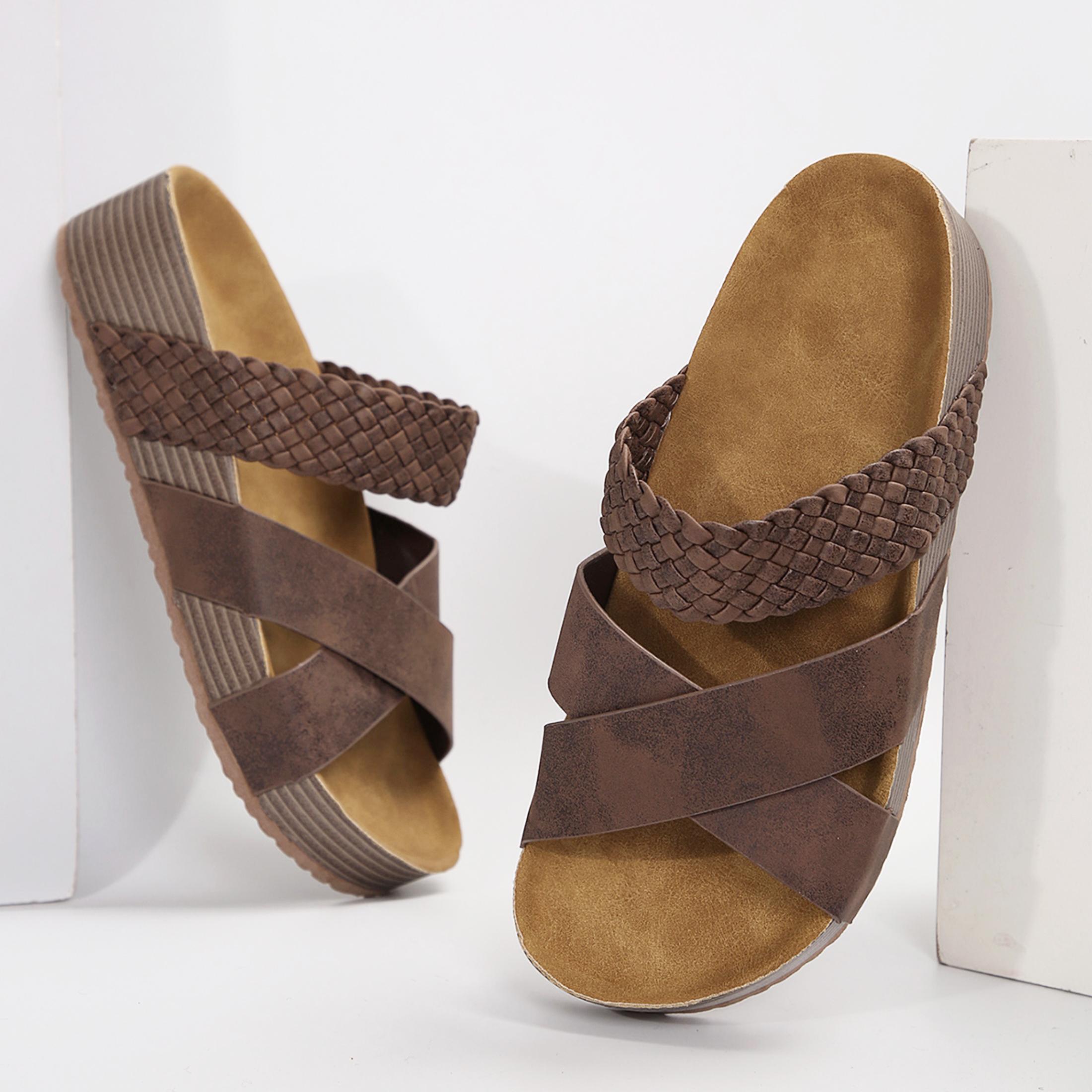 Women Sandals Beach Sandals Lightweight Slip-On Braided Cross Casual Solid Color Slippers