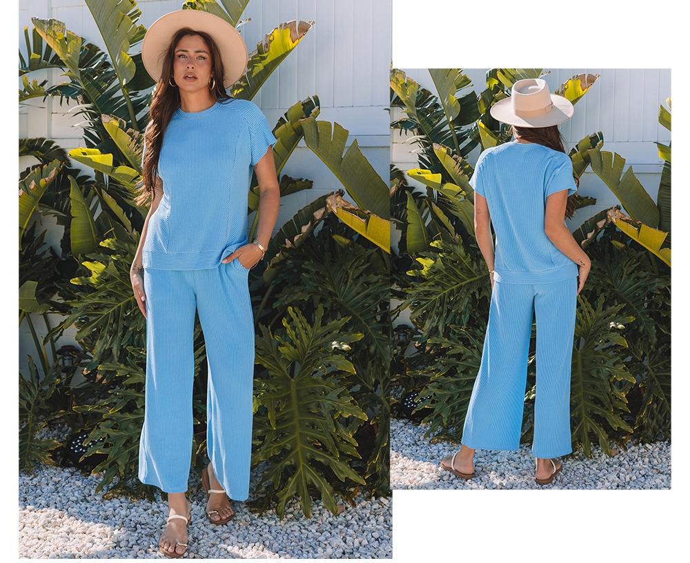 Women's Twisted Ribbed Knit Solid Color Set - Round-neck Short Sleeve T-Shirt & Wide Leg Pants with Side Pockets, Casual Comfy for Summer Daily Wear, Co Ord Sets