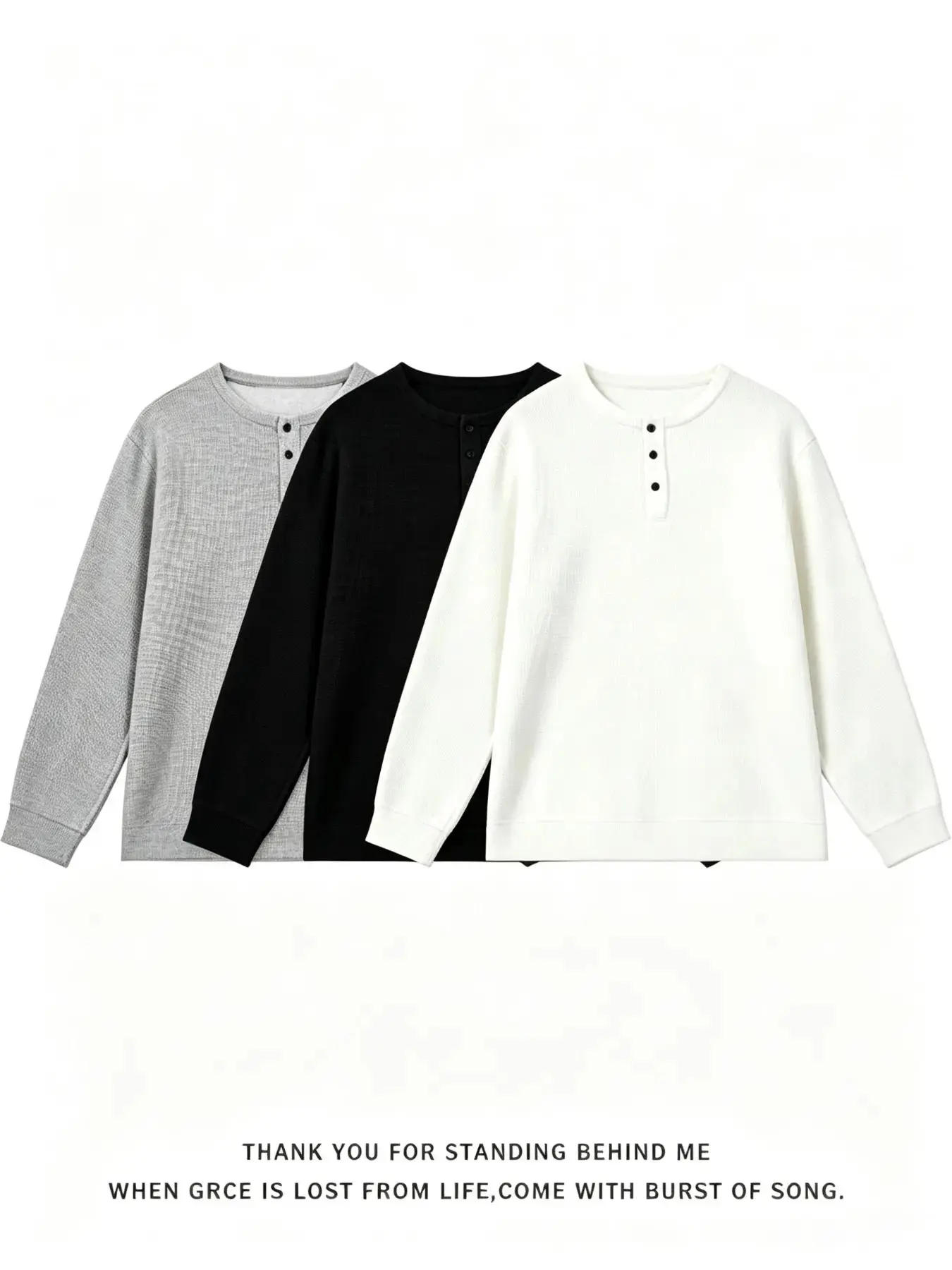 Men's Waffle Knit Henley Shirt Set, Long Sleeve Button Neck Casual T-Shirt, Spring & Fall Loose-Fitting Unlined Clothing