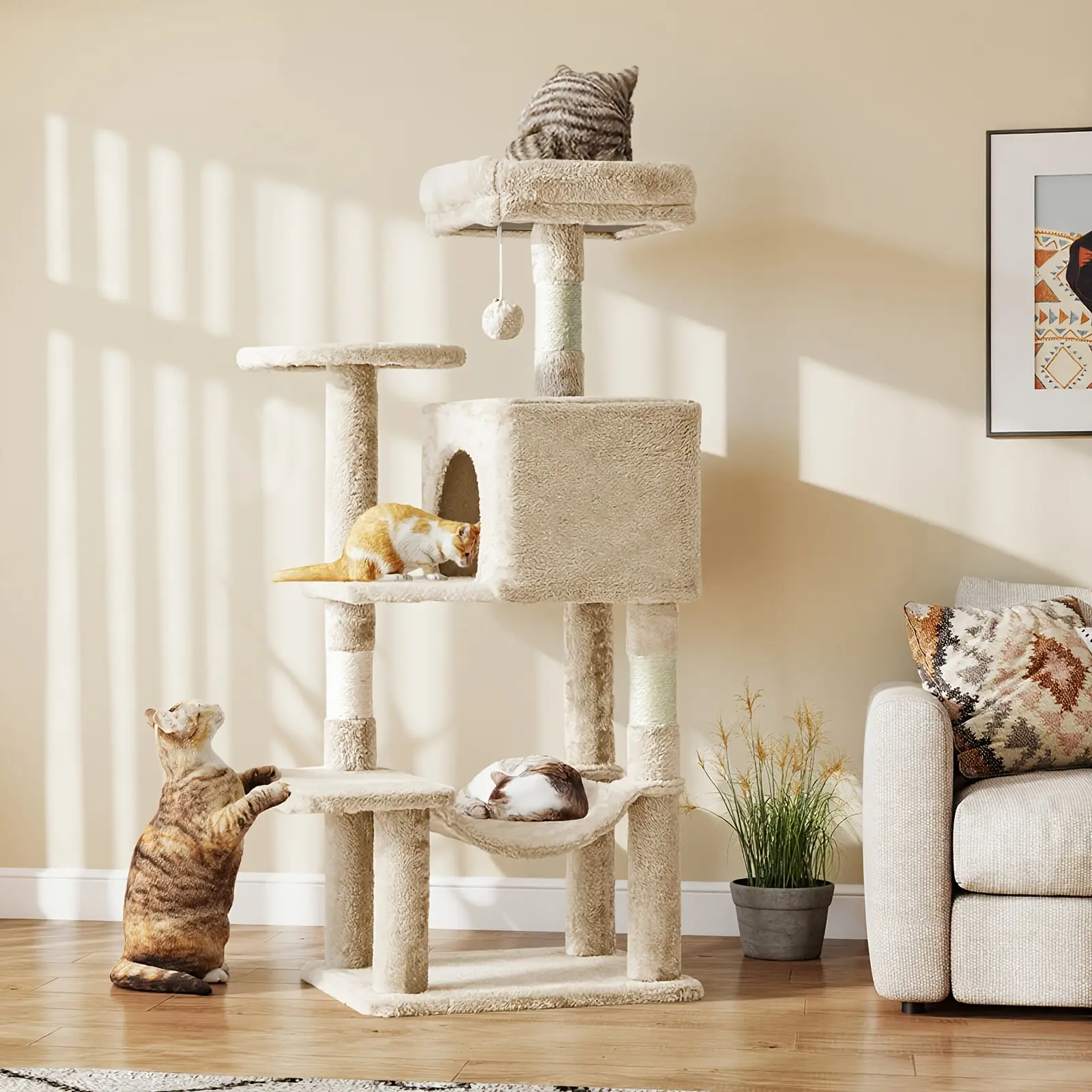 [Multi-Cat Tree Tower] 44-Inch Multi-Cat Tree Tower With Condo & Hammock - Natural Sisal Scratching Posts, Perches, Pet House For Indoor Cats, Beige/Gray/Light Gray/Pink/Black&Red