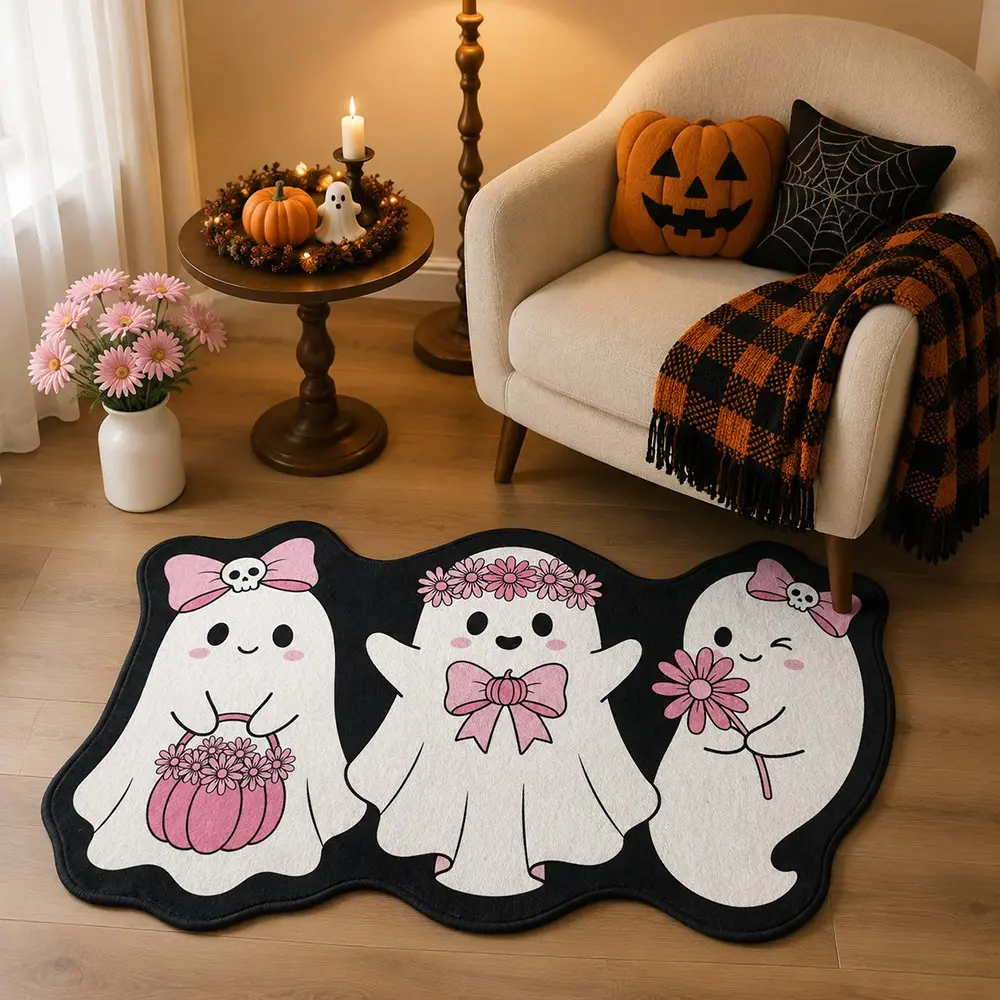 Halloween Three Cute Floral Ghosts Shaped Velvet Rug, Pink Bow Skull Daisy Pumpkin Irregular Non Slip Doormat, Kawaii Pastel Spooky Gothic Floor Mat for Entryway Bedroom Halloween Home Decor