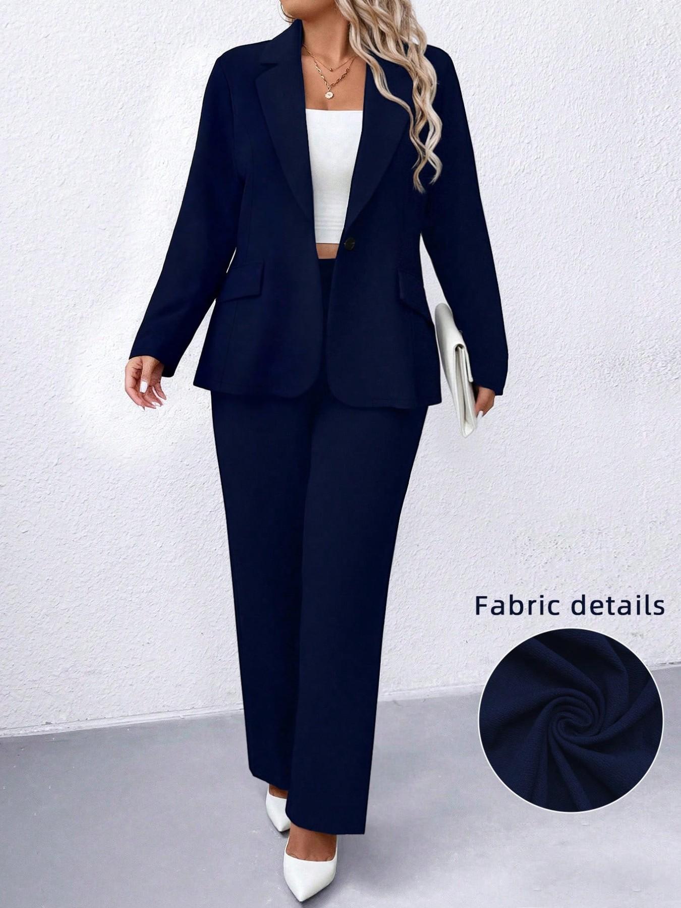Plus Size Women's Suit Set Fit, Lapel Button Blazer + High Waist Wide Leg Pants, Stretchy Comfortable Fabric, Office Casual Style