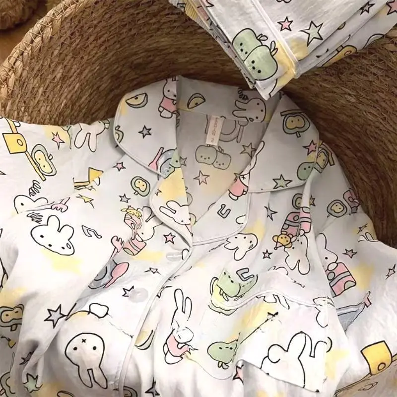 Kawaii Miffy Long Sleeve Sleepwear Set Cotton Lightweight Cute Cartoon Rabbit K-trend Loose Fit Pajamas for Women Cozy Home Wear