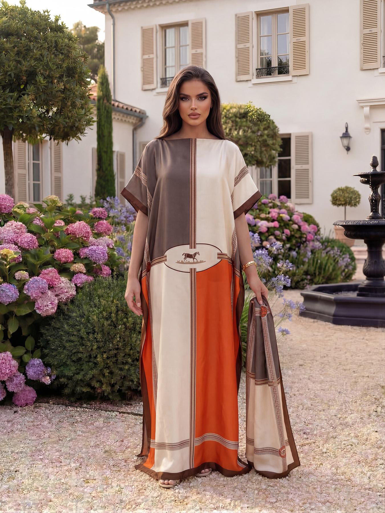 Women's Luxury Equestrian Style Silk Robe Set, Long Cape Dress + Scarf Headband, Beach Outdoor Sun Protection, All Seasons Chic Fashion