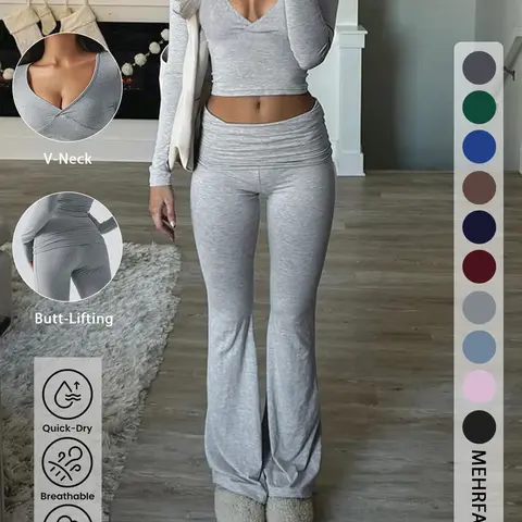 【Black Friday】Women's Solid Color Deep V-Neck Long-Sleeve Crop Top and High-Waisted Flared Pants Two-Piece Travel Set #GLOBAL PICKS