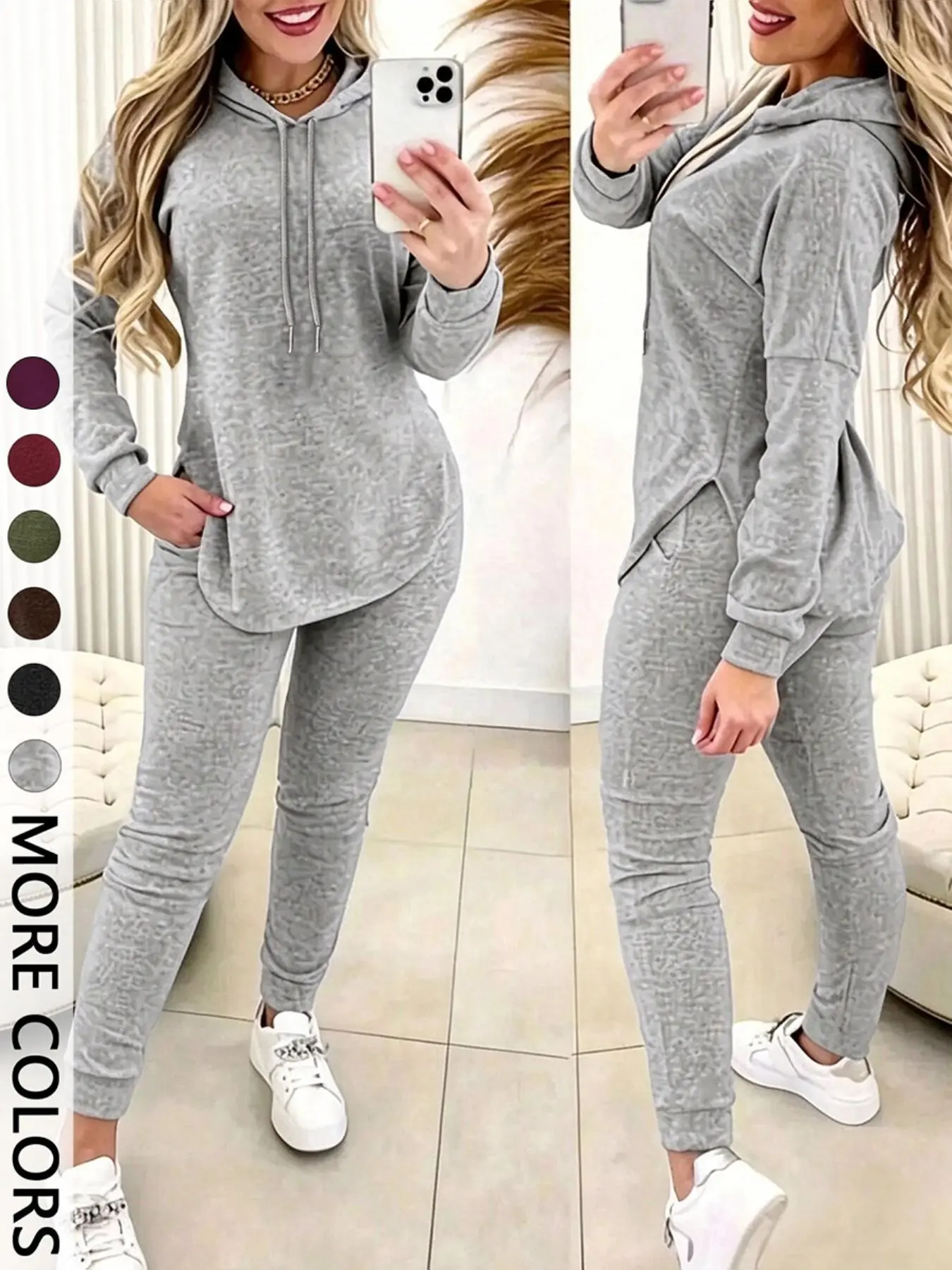【Black Friday】Women's Basic Solid Color Two-Piece Set, Casual Long Sleeve Drawstring Hooded Top & Slim-Fit Pants, Chic Matching Set for Workout and Daily Wear