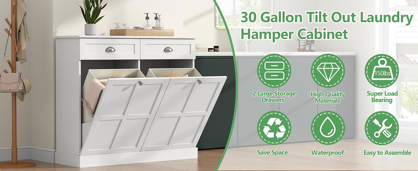 Double Tilt Out Laundry Hamper Cabinet, Hidden Laundry Cabinet with 2 Drawers & 2 Laundry Storage Baskets, 30 Gallon Trash Can Cabinet, Storage Cabinet for Bathroom, Laundry Room,Kitchen, White