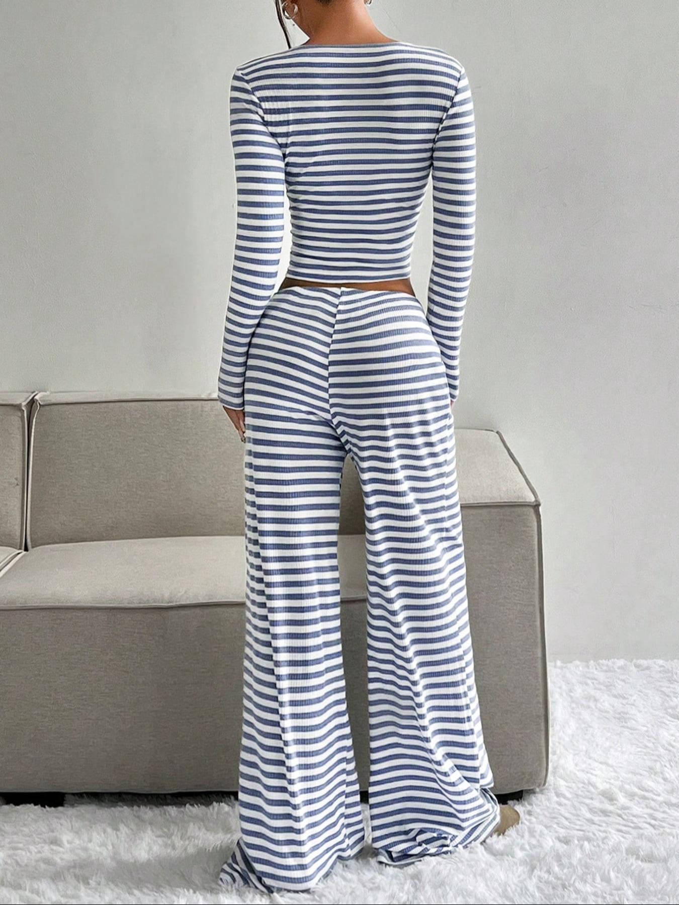 Women's Casual Striped Colorblock U-Neck Crop Pullover Sweater with Waist Rope Decorative Long Pants Two-Piece Set for Daily Wear,Airport Outfit