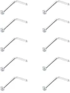 10Pcs 22G Small L Shape Nose Ring Studs for Women Mens Czech Crystal Curved Nose Piercings Set Body Jewelry Hypoallergenic