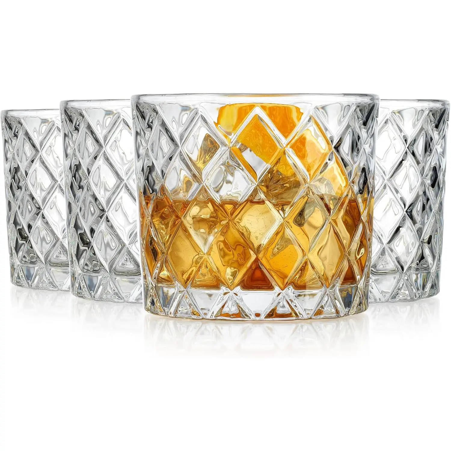 Set of 4 Whiskey Glasses, 10oz Double Old Fashioned Cocktail Glasses, Diamond Cut Rock Glass for Bourbon, Scotch, Tequila, Rum, Bar Drinking Glass, Ideal Gift for Men