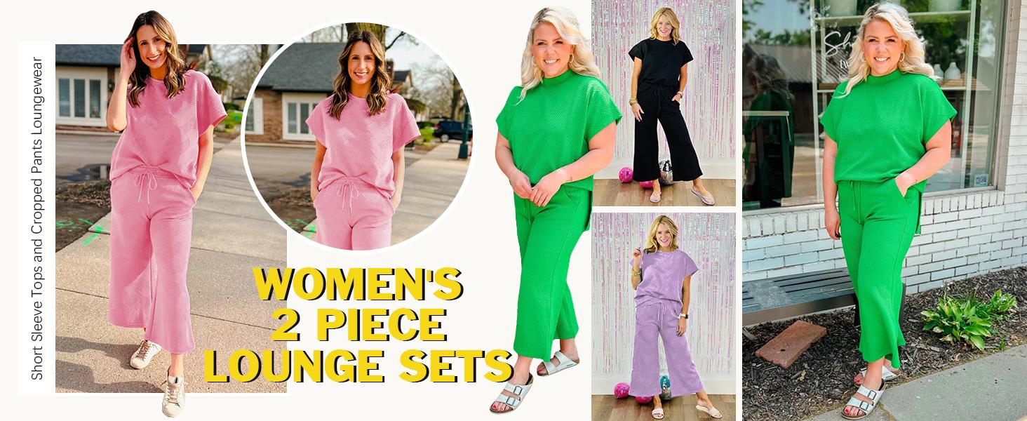 FISOEW Sports 2026 Summer Spring Womens 2 Piece Outfits Sweatsuit Long/Short Sleeve Tops and Drawstring Waist Cropped Wide Leg Pants Loungewear Sets viral  knit Jean Shirt matching sets women Matching Tracksuits Womenswear Soft,