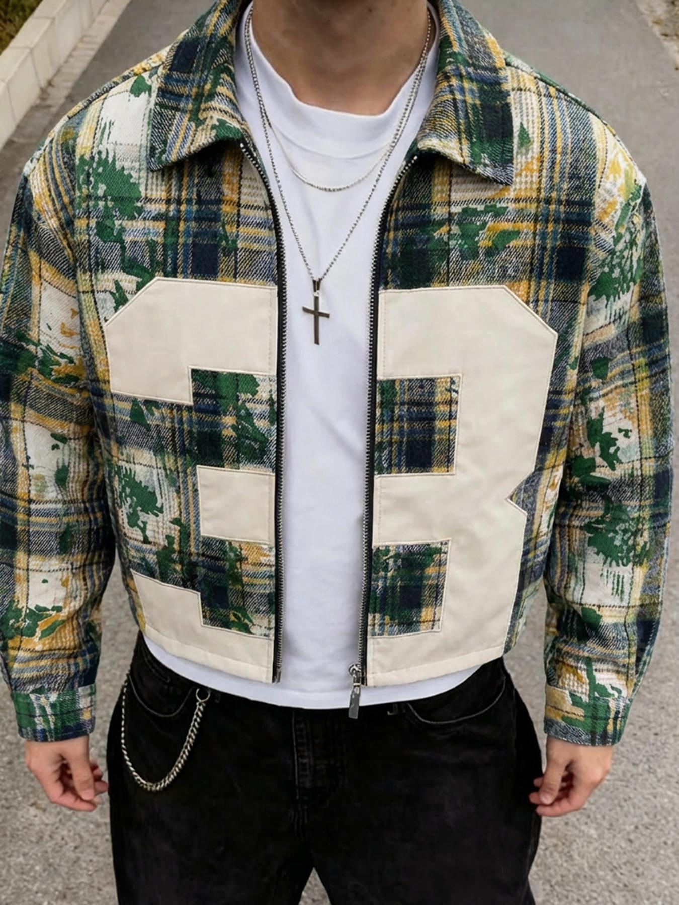 Men's Blue/Yellow/White Checkered Bomber Jacket with Oversized "3" Number Design, Regular Fit Cozy Causal Top, for Urban Street Style