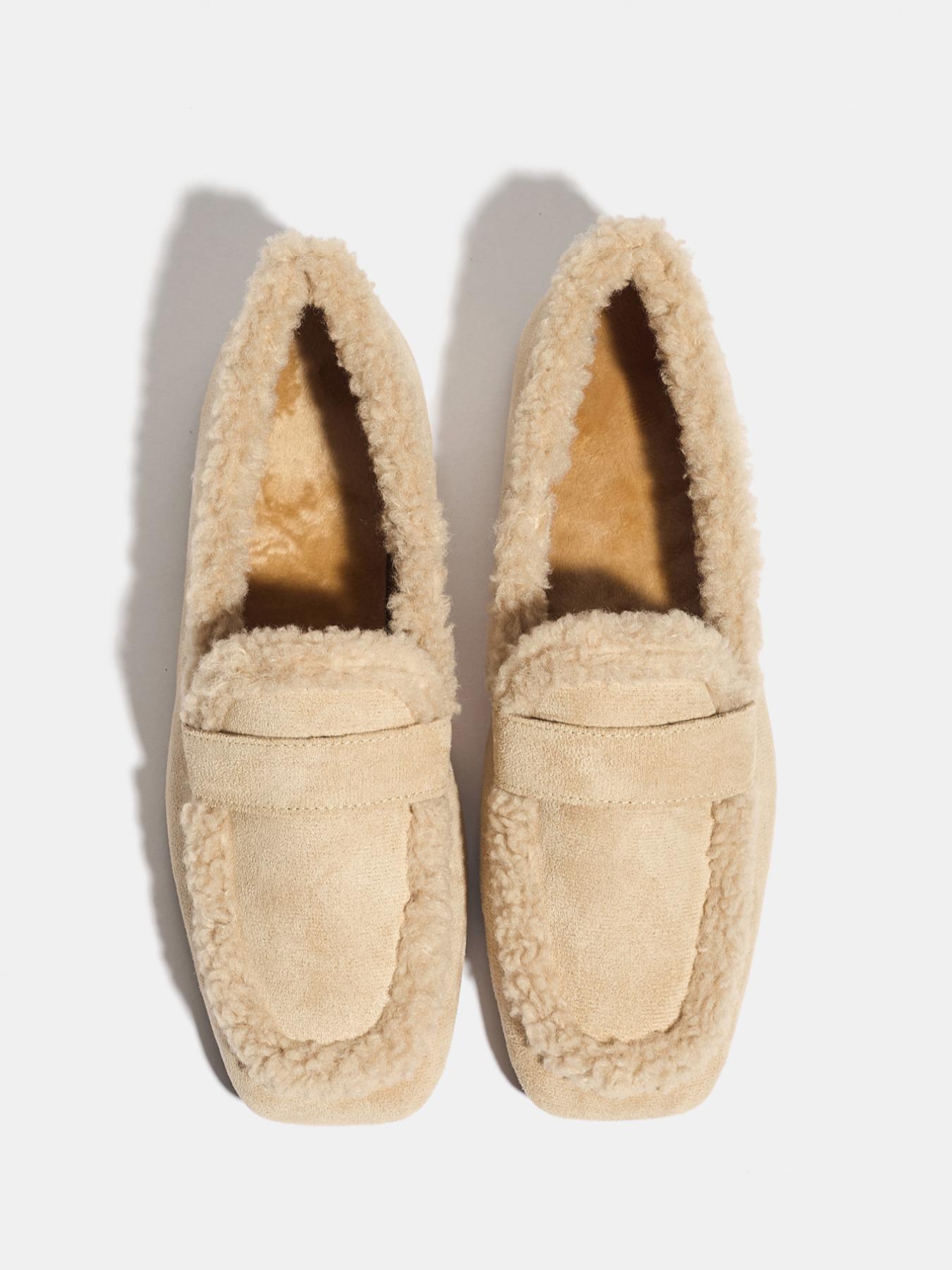 Women's Fall Winter PU Leather Casual Loafers, American Retro Style Furry Slip-On Shoes, Soft Rubber Sole, Warm & Comfortable Design