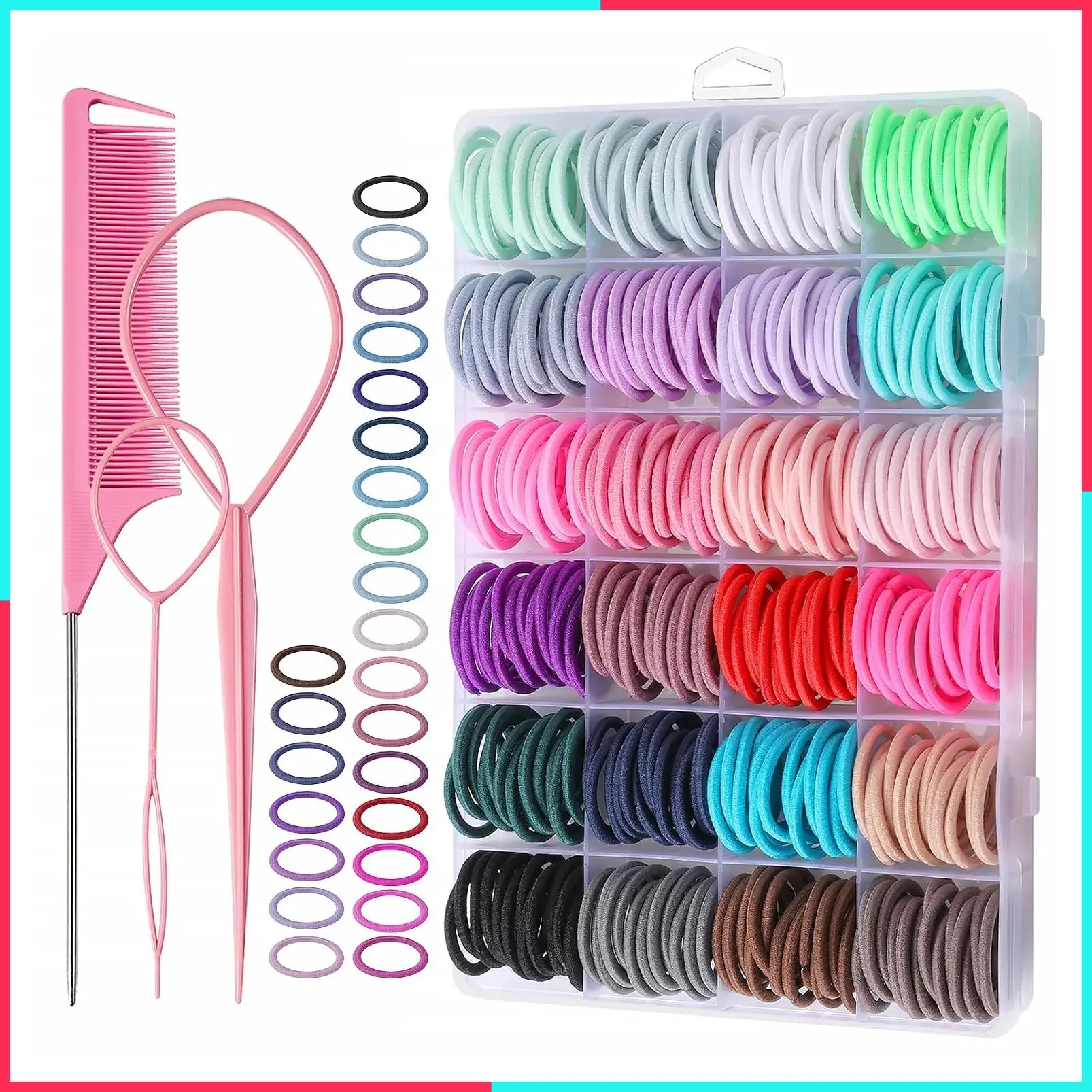 360PCS Hair Accessory Set: Elastic Ponytail Holders, Clear Organizer Box, Rat Tail Comb, 24 Colors for Kids, Toddlers, and Girls