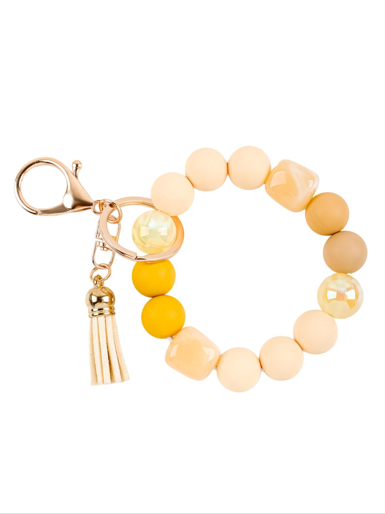 Solid Color Beaded Wristlet Keychain for Women, Matte Silicone Acrylic Beads, Tassel Charm, Minimalist Key Holder, Fashion Gift