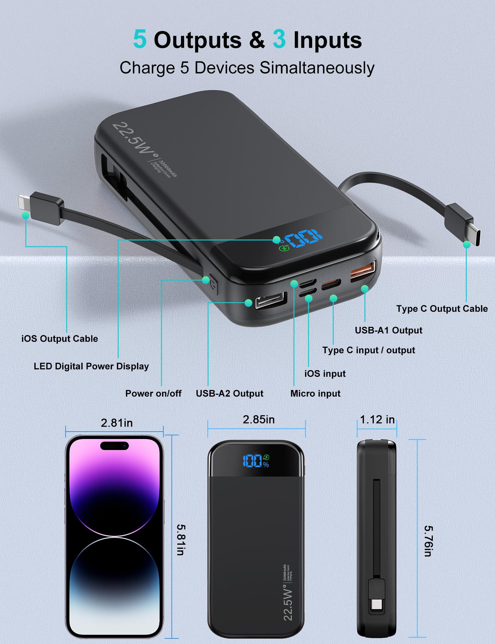 32000mAh Portable Charger with Built-in Cables, 22.5W Super Fast Charging Power Bank, Dual USB Output, 5 Outputs & 3 Inputs, 5 Outputs LCD Display Travel Battery Pack Compatible with iPhone, Samsung All Cell Phones