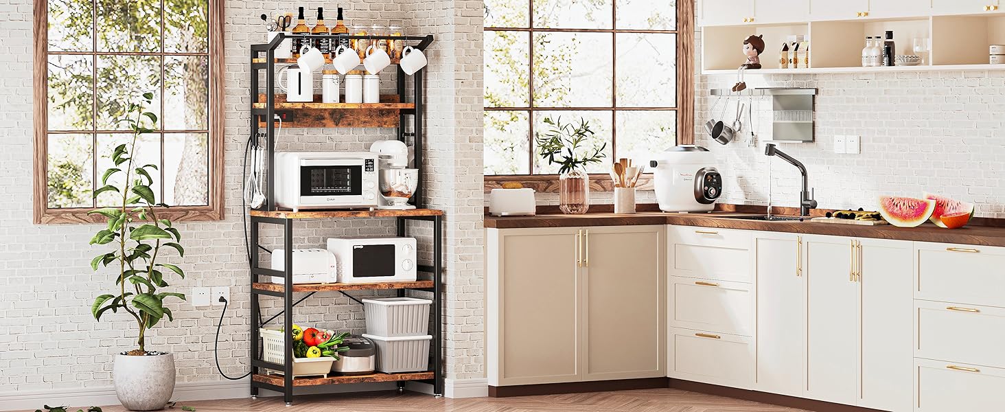 IRONCK Bakers Rack with Power Outlet, Microwave Stand with Storage, Coffee bar with 9 Hooks, 5 Tier Large Storage Capacity and Strong Metal Material for Kitchen, Vintage Brown Easy to Assemble