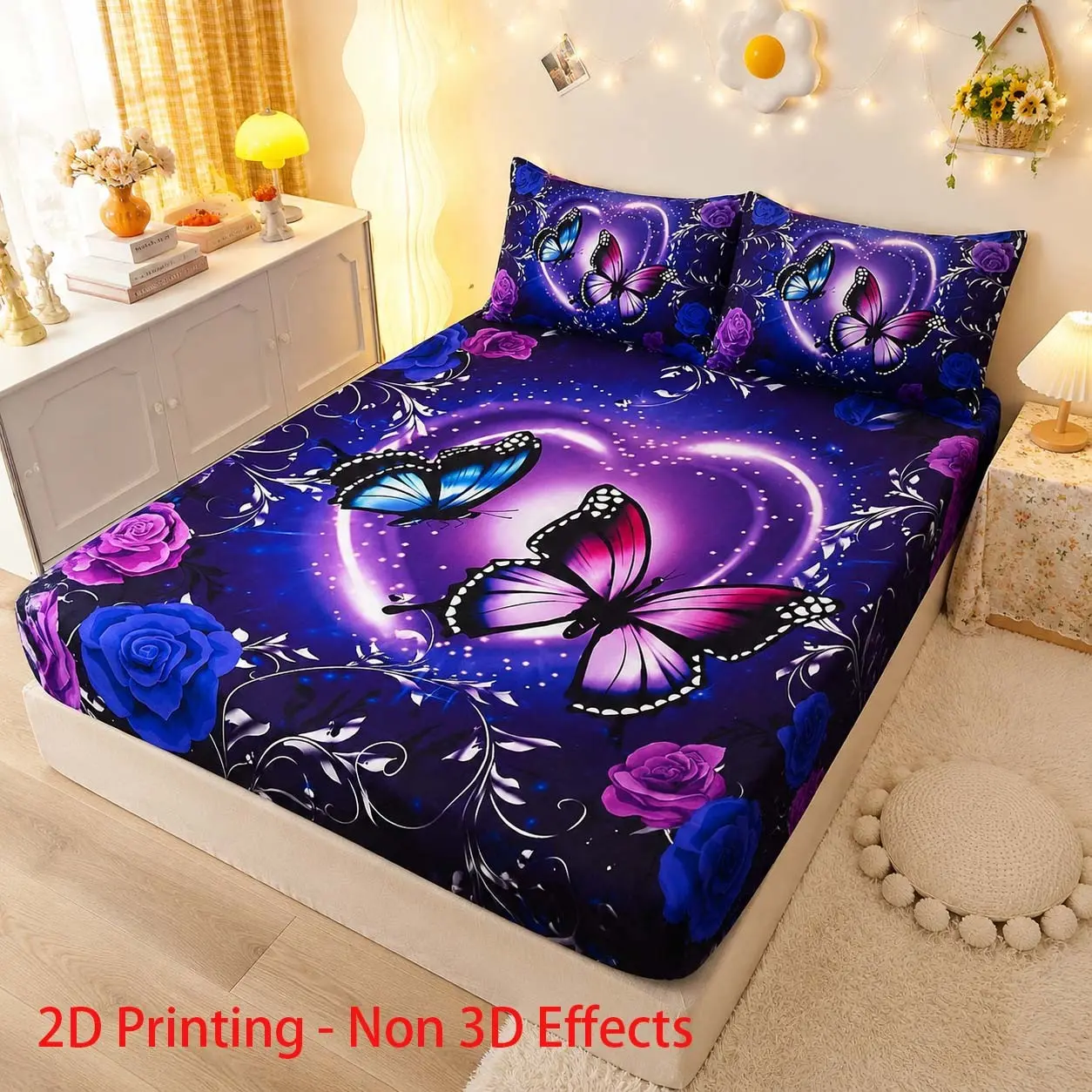 3pcs Purple Butterfly Printed Bedding Set, Decorative Bedding Set, Breathable, Soft, All Seasons, Durable and Tear Resistant Polyester, Birthday Gift, Bedroom Hotel Decoration, Includes 1 Bed Sheet and 2 Pillowcases, No Fill