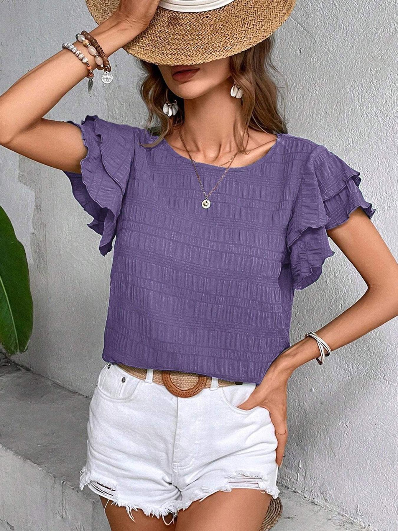 A women's solid color double-layer ruffled sleeve round neck elegant Casual pullover T-shirt Top, suitable for summer, daily commuting, and home wear, Womenswear
