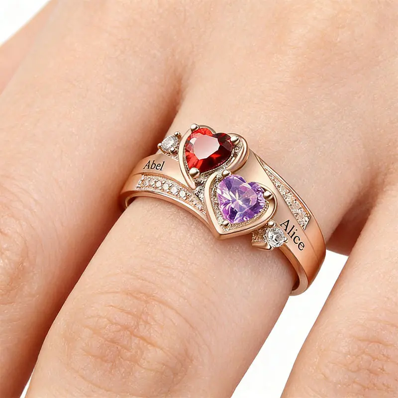 AS808 Personalized Custom Name Double Heart Ring Birthday Stone Engraving Zircon Inlay Ring Anniversary Gift