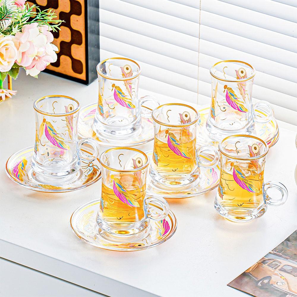 Vintage Turkish Tea Glasses Cups and Saucers Set of 6 Handle Drinkware Drink Bar Fancy Teapots Serving Glassware Drinking Kitchen Women Moroccan Persian Teacups Party Art Deco