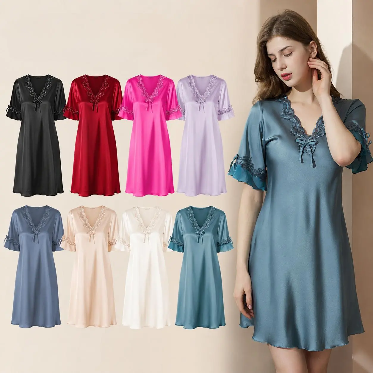 Women's Ice Silk Lace Short-Sleeve V-Neck Nightgown, Soft Silky Lightweight Sleep Dress, Elegant Nightwear for Bedroom Lounging and Gifting