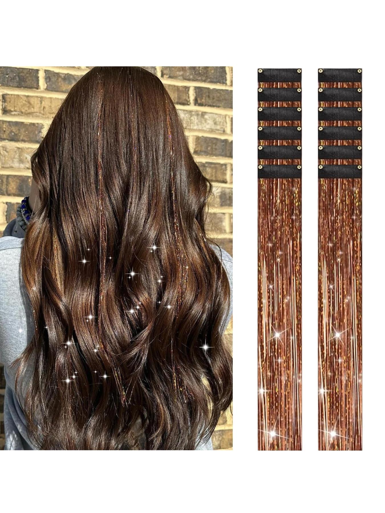 Rainbow Hair Tinsel Pack of 12 Pcs Clip in Hair Tinsel 20 Inch Glitter Tinsel Hair Extensions, Festival Tinsel Fairy Hair Extension Party Dazzle Hair Accessories Strands Kit Clip on Hairpieces