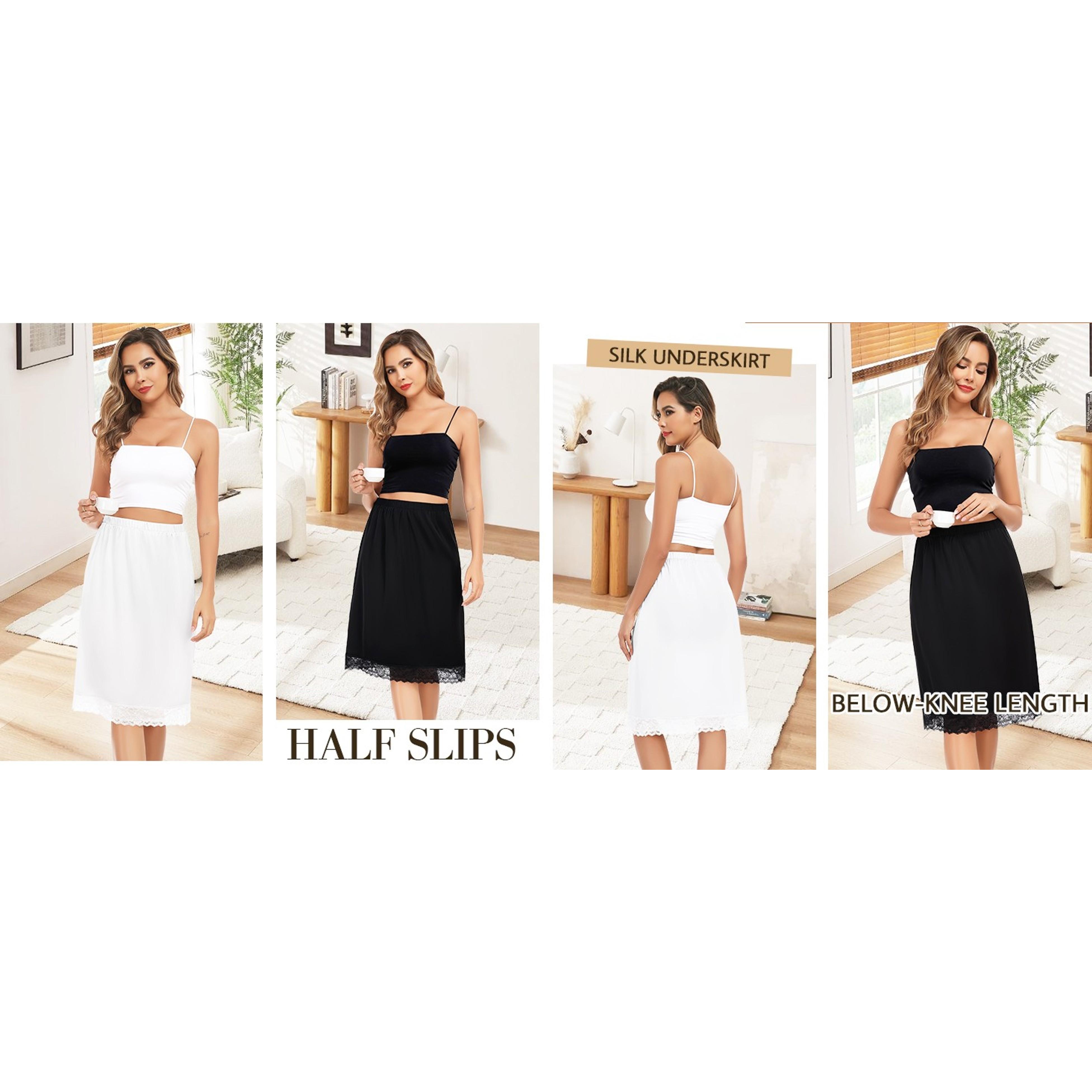 2 Pieces Half Slips for Women Long Underskirt Anti Static Satin Under Skirt with Lace Trim Slip for Skirts Dress S-3XL