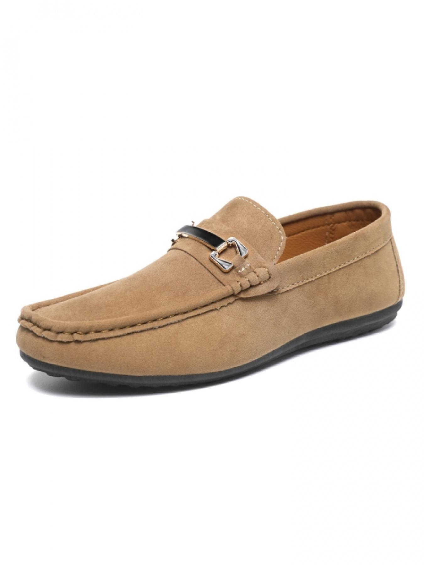 Men's Khaki Suede Metal Buckle Loafers: Soft-Sole Anti-Slip + Slip-On Design, Daily Commute Versatile Casual Shoes