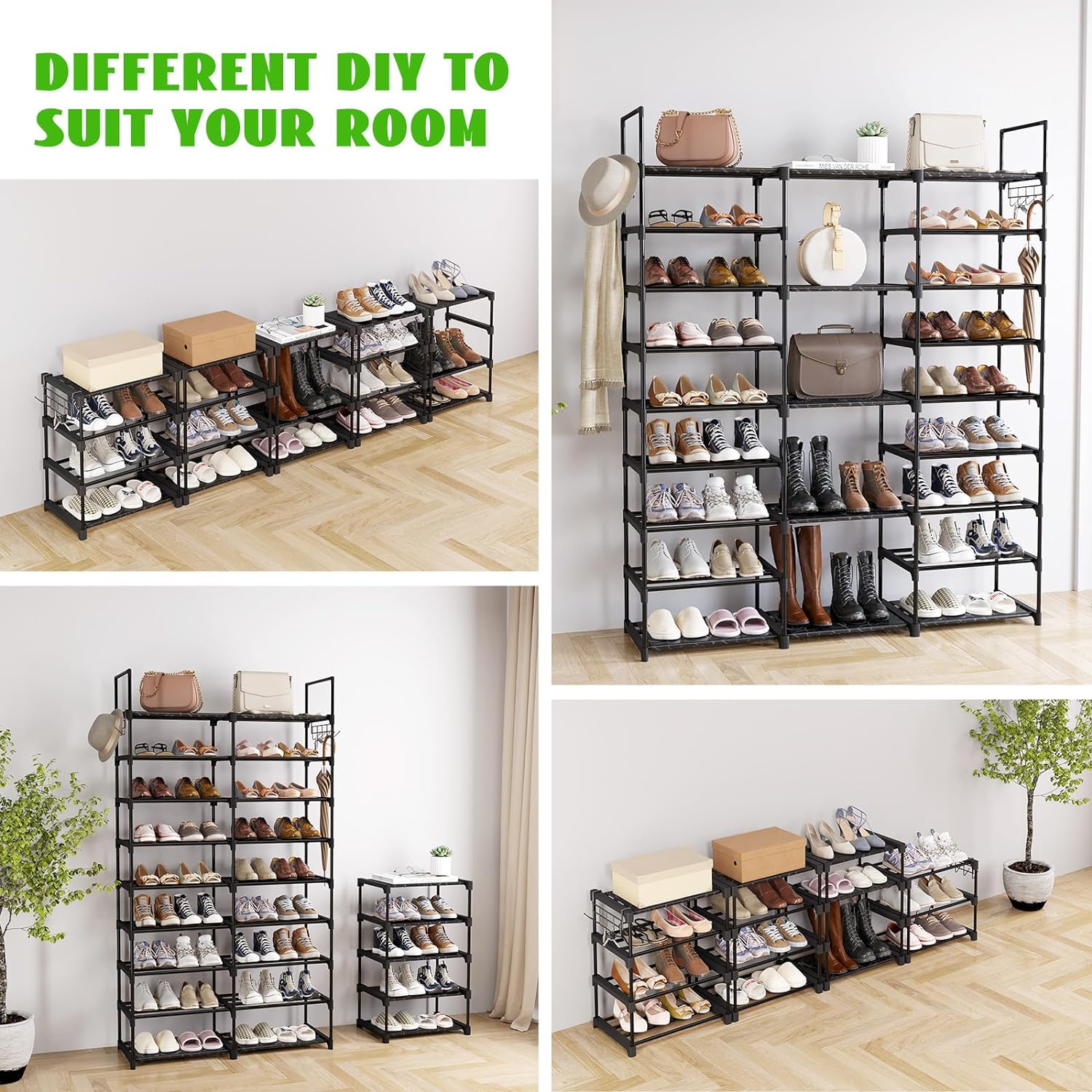MOMOK 10-Tiers Shoe Rack Tall Large Capacity 20-24 Pairs Wide Shoe Organizer Sturdy Shoe Shelf for Entryway with Two Hooks Metal Shoe Storage for Closet, Bedroom, Black