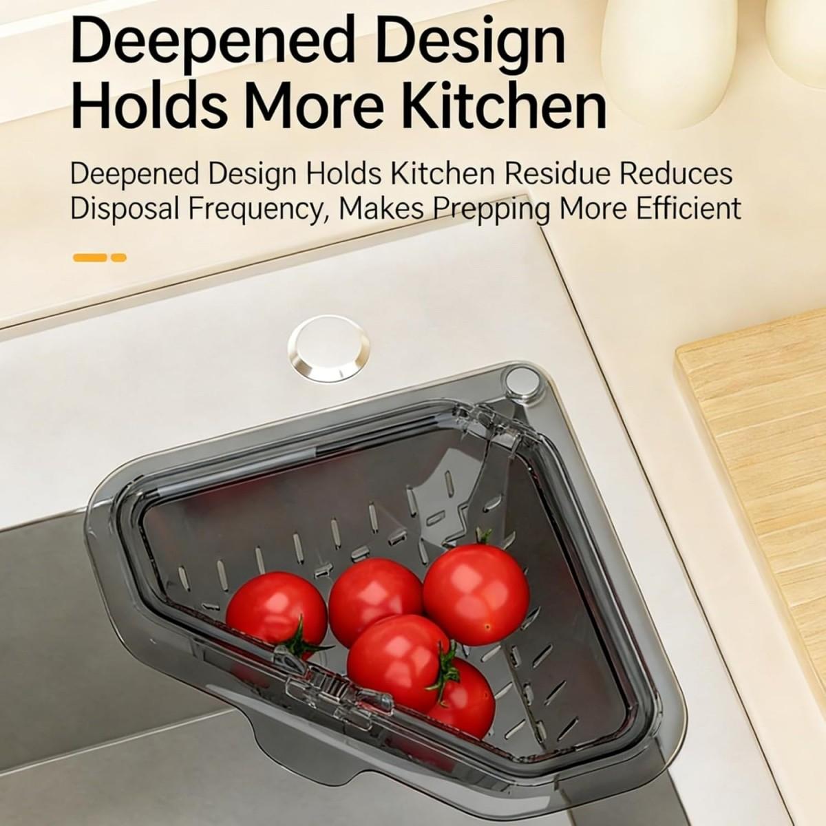 Magnetic Drain and Filter Basket, Durable Triangle Sink Strainer with Rotating Bottom, Kitchen Corner Rack, No Drilling Installation